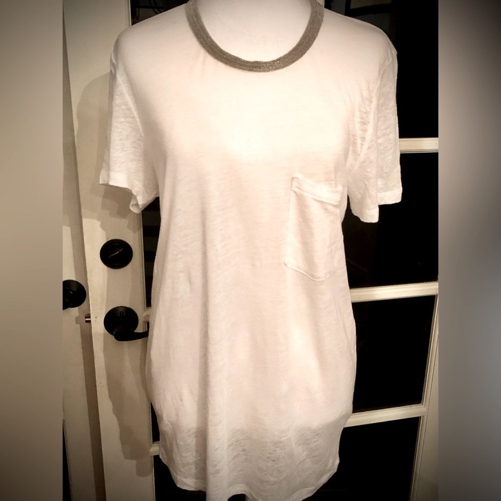 J.CREW Linen tee shirt with silver colored encrusted neckline. EUC Size L